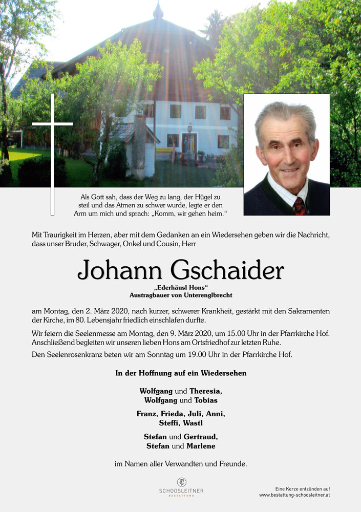 Herr Johann Gschaider Schoosleitner Bestattung I Rat Und Hilfe Im Trauerfall I 24h Erreichbarkeit
