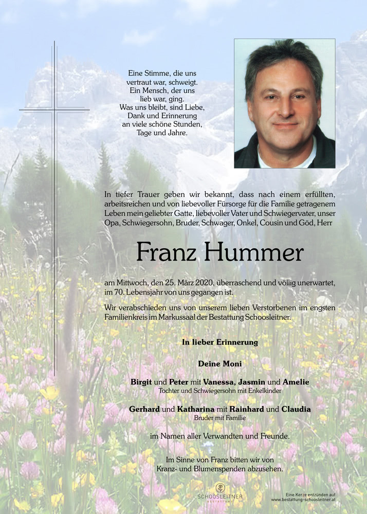 Herr Franz Hummer Schoosleitner Bestattung I Rat Und Hilfe Im Trauerfall I 24h Erreichbarkeit