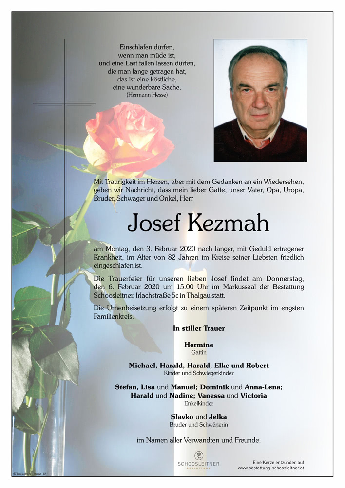 Herr Josef Kezmah Schoosleitner Bestattung I Rat Und Hilfe Im Trauerfall I 24h Erreichbarkeit